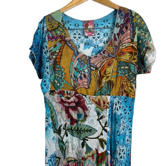 JOHNNY WAS Patchwork Short Sleeve Silk Maxi Dress in Gillian Mix - Picture 5 of 10